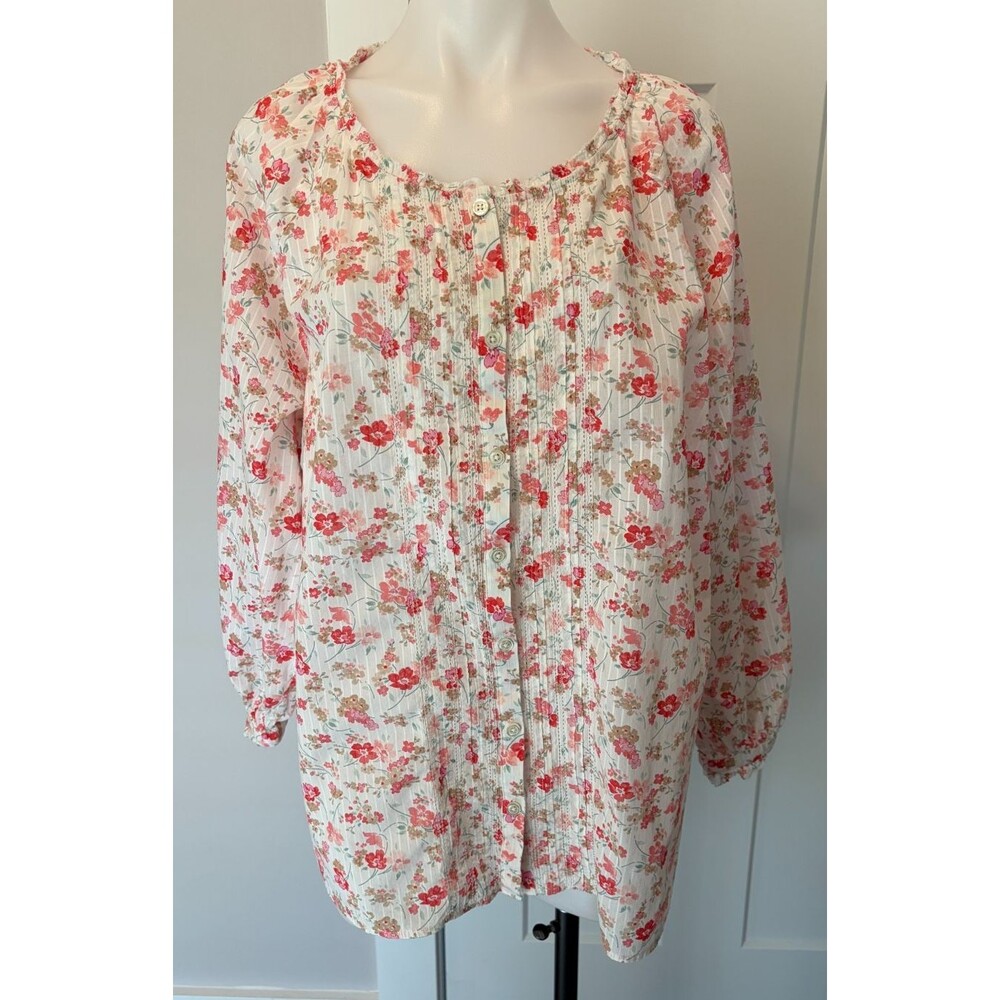 TALBOTS Womens Button TOP Long Sleeve WHITE Pink Green FLORAL Size 2X